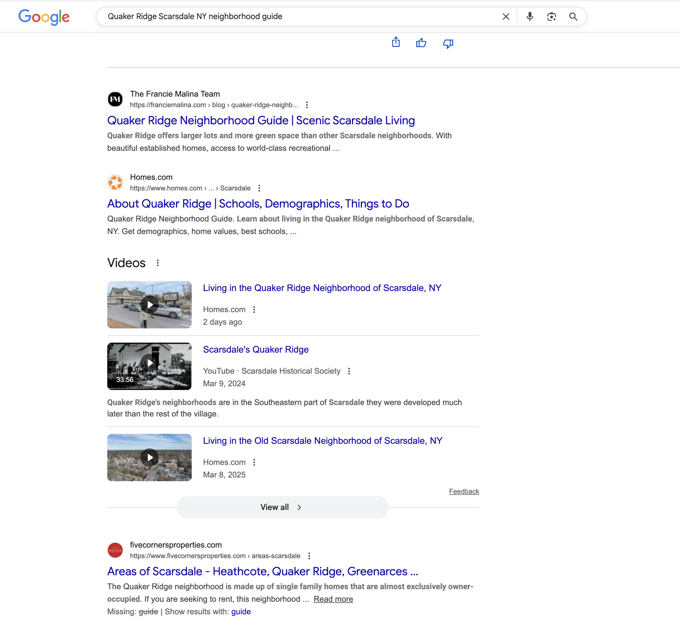 Google search showing Francie Malina Team ranking #1 for Quaker Ridge neighborhood guide