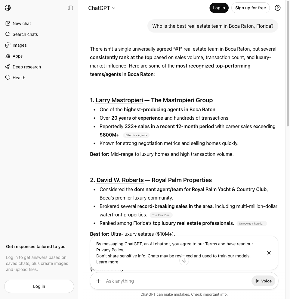 ChatGPT response for best real estate team Boca Raton - The Koolik Group not mentioned