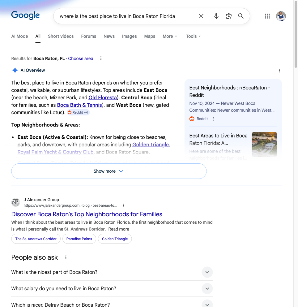 Google AI Overview for best place to live in Boca Raton - The Koolik Group absent, J Alexander Group cited