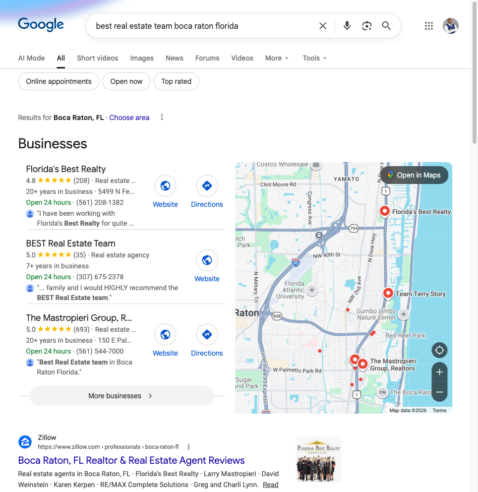 Google search results for best real estate team Boca Raton - Koolik Group absent from Local Pack