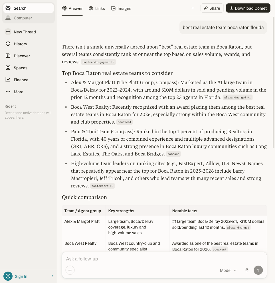 Perplexity AI response for best real estate team Boca Raton - The Koolik Group not cited