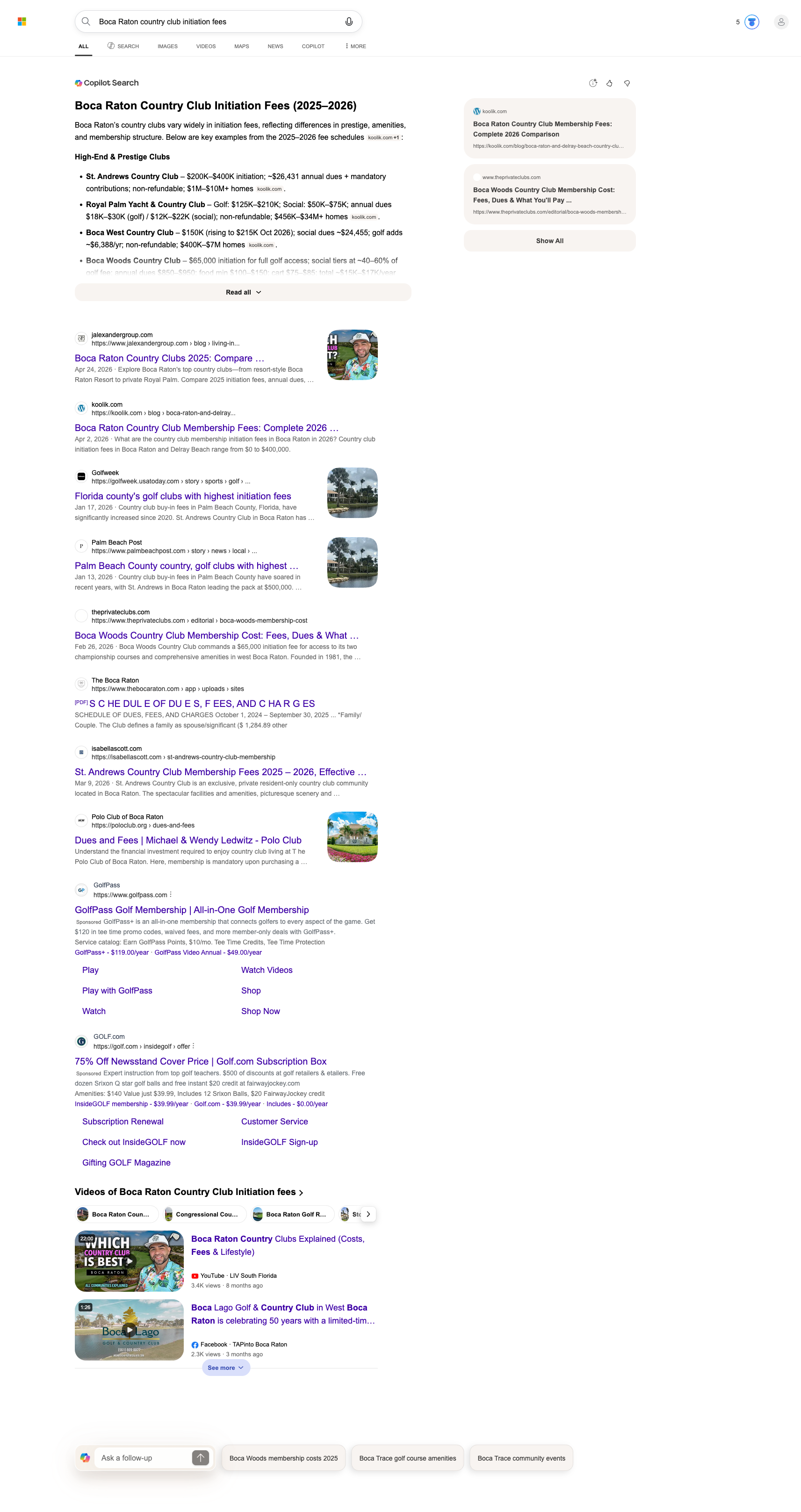 Bing Copilot citing koolik.com for Boca Raton country club initiation fees
