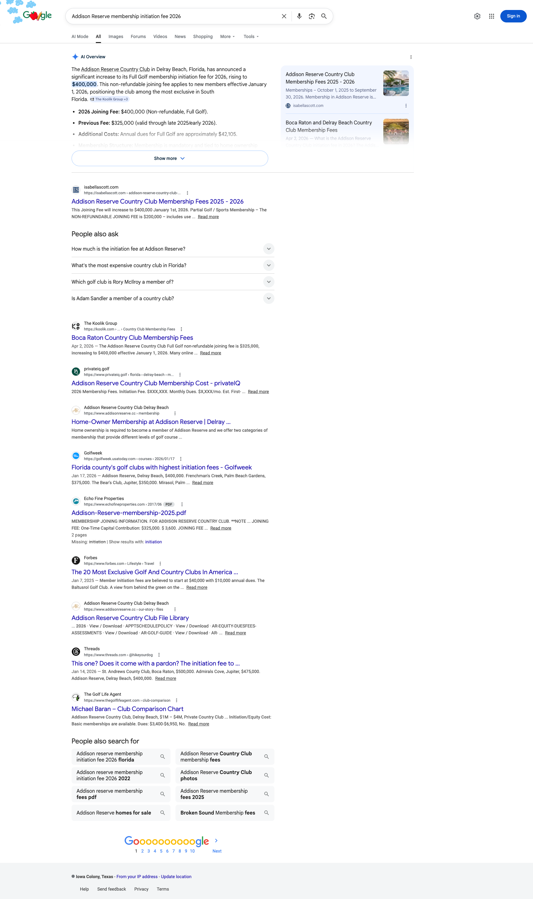 Google AI Overview citing The Koolik Group for Addison Reserve membership fee