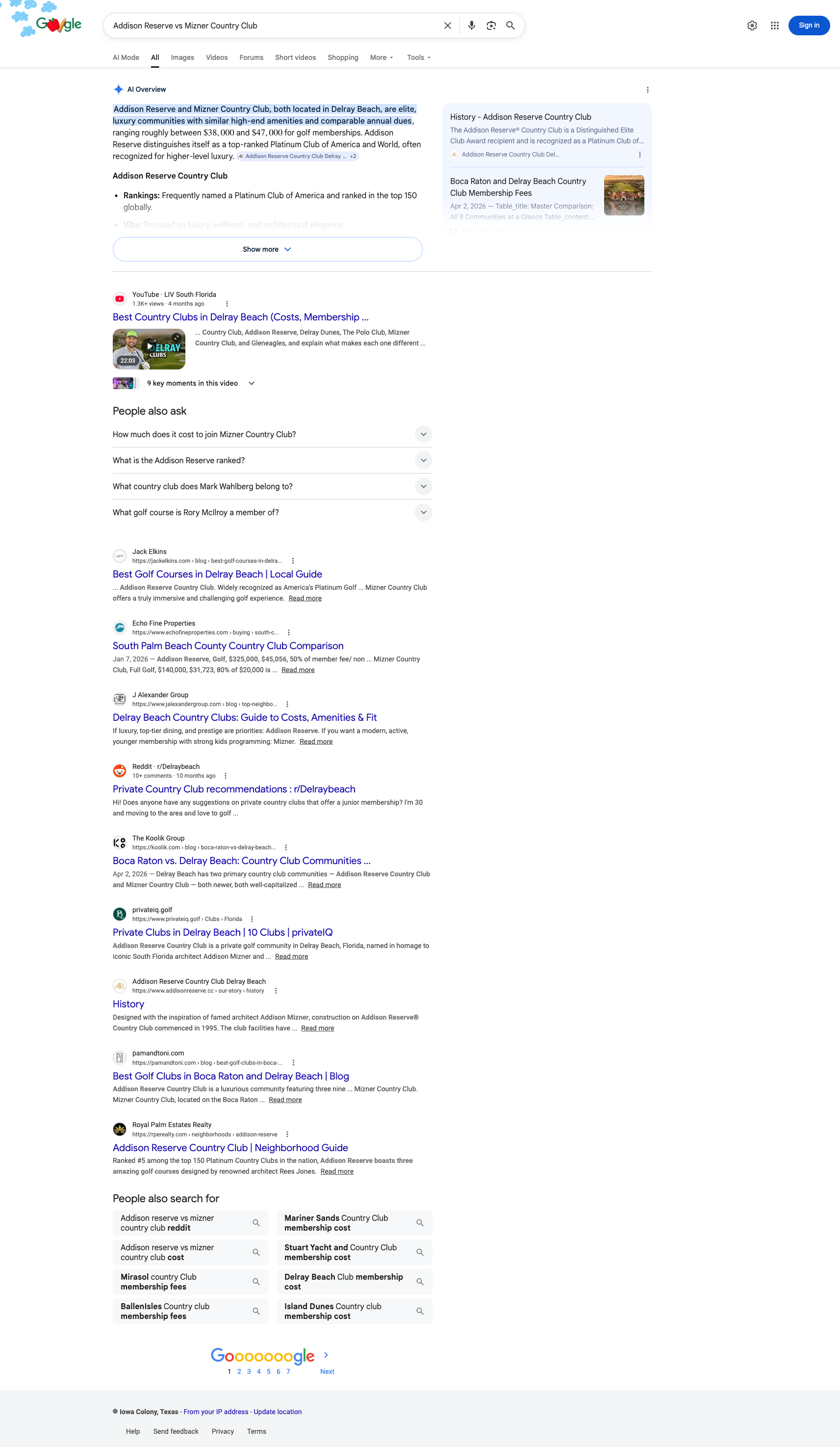Google AI Overview citing The Koolik Group for Addison vs Mizner comparison