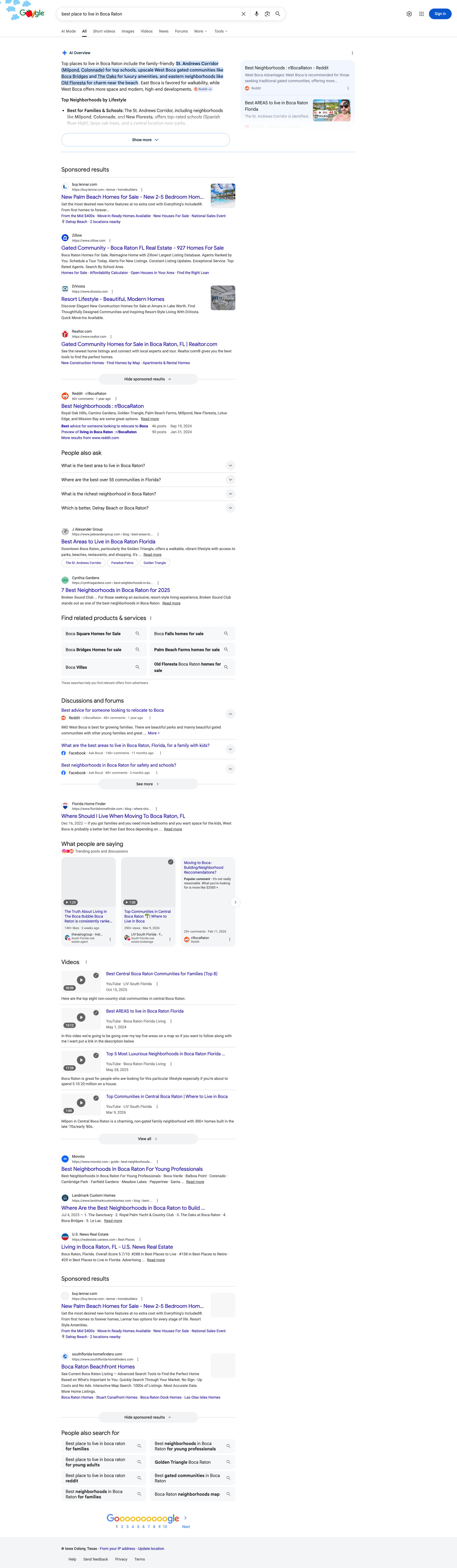 Google AI Overview for best place to live in Boca Raton