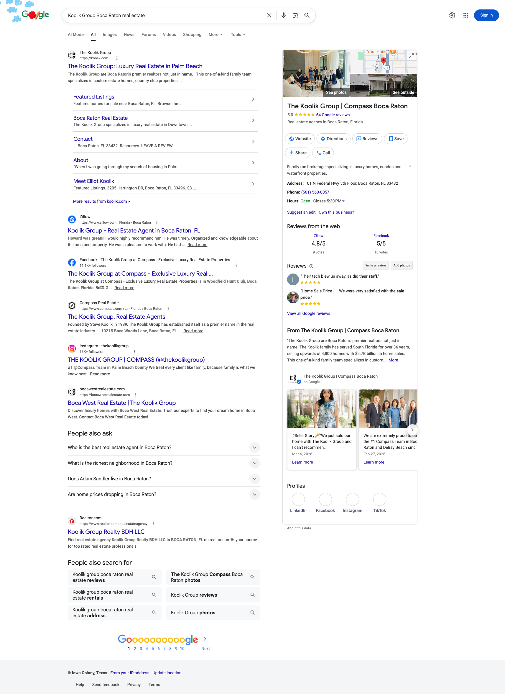 Google brand SERP for Koolik Group with Knowledge Panel and sitelinks