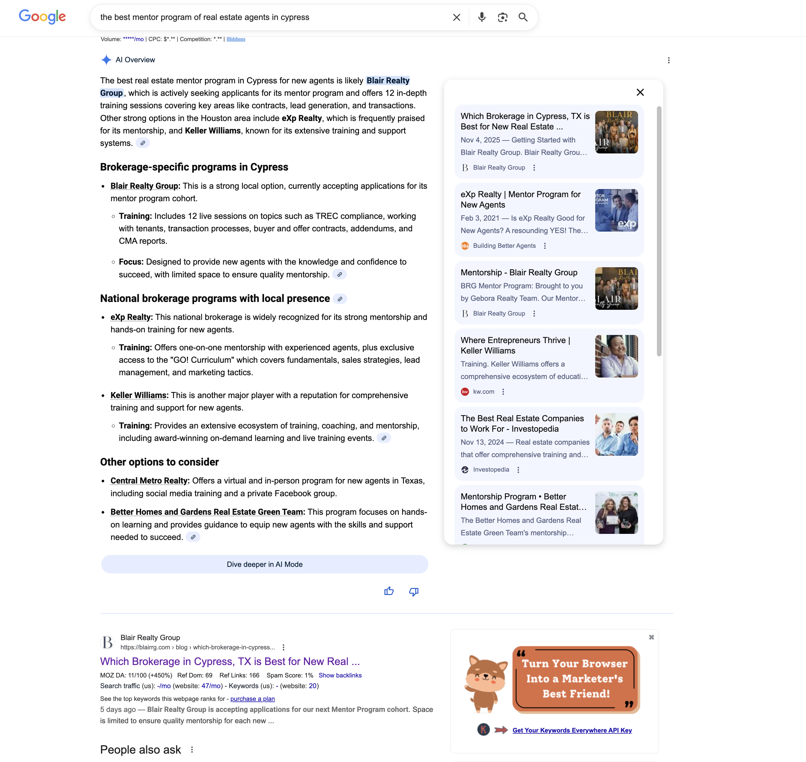 Google Search Results showing Blair Realty Group dominating both AI Overview and organic results